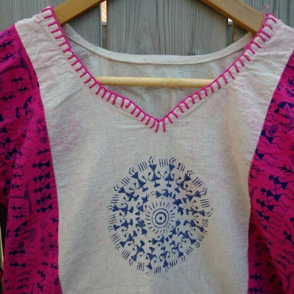 Vintage Hippy Top Block Print Tunic Shirt Music 34" Bust - Picture 4 of 9